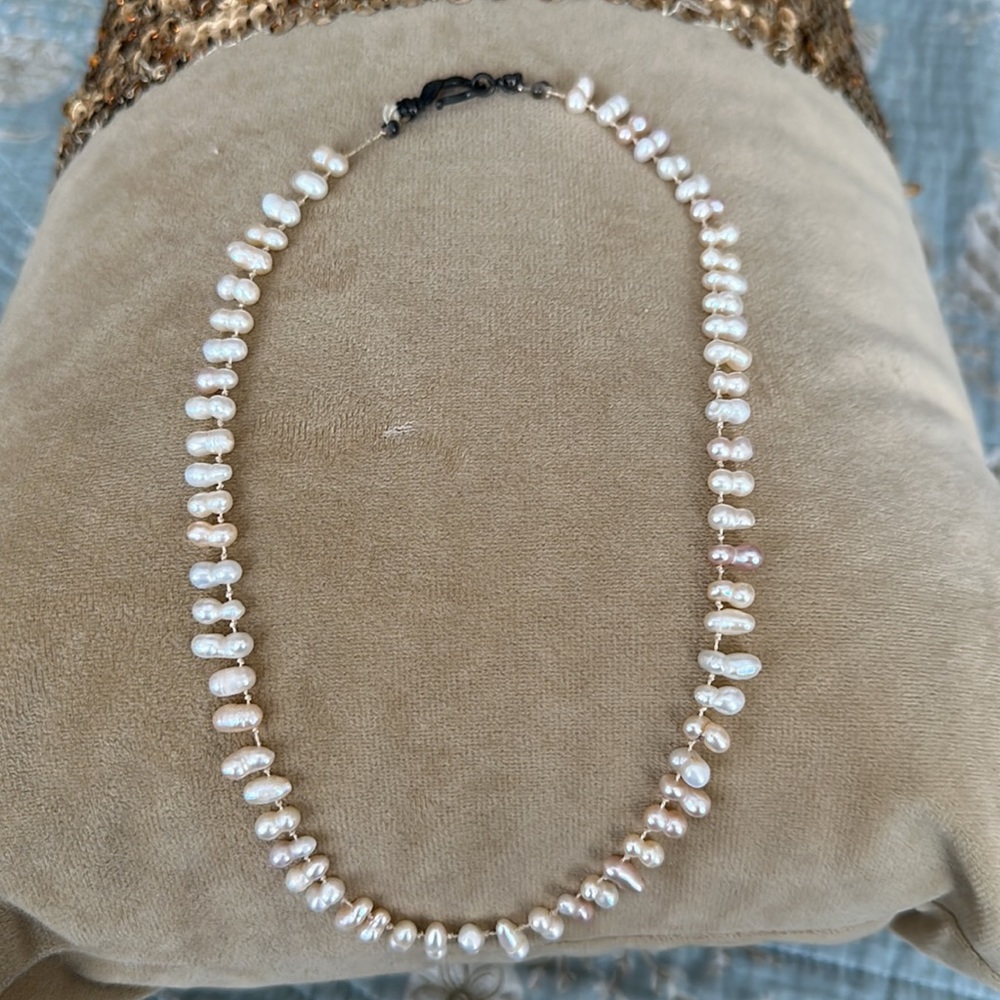 Pearl necklace 17” vintage creamy pinks and white hand knotted sterling silver